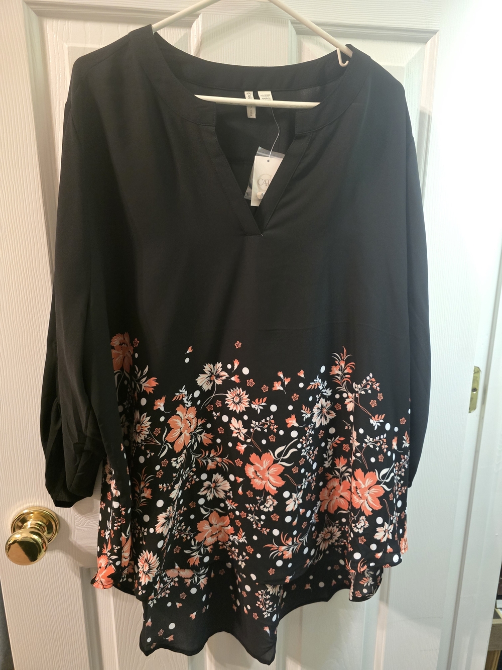 Cato Black Tunic with Coral and White Floral Hem NWT